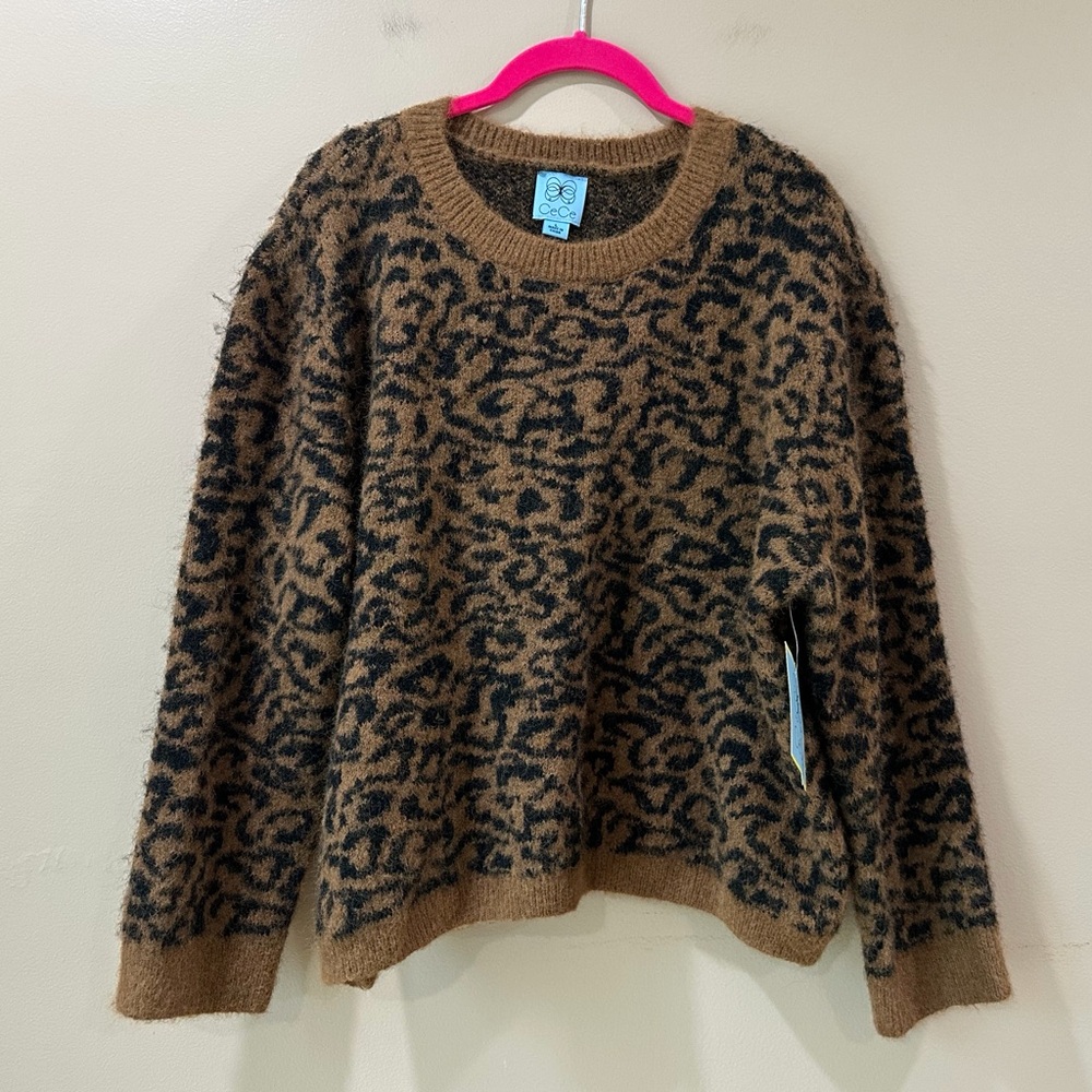 CeCe Abstract Animal Print Knit Sweater Brown Black Leopard Crewneck Womens L